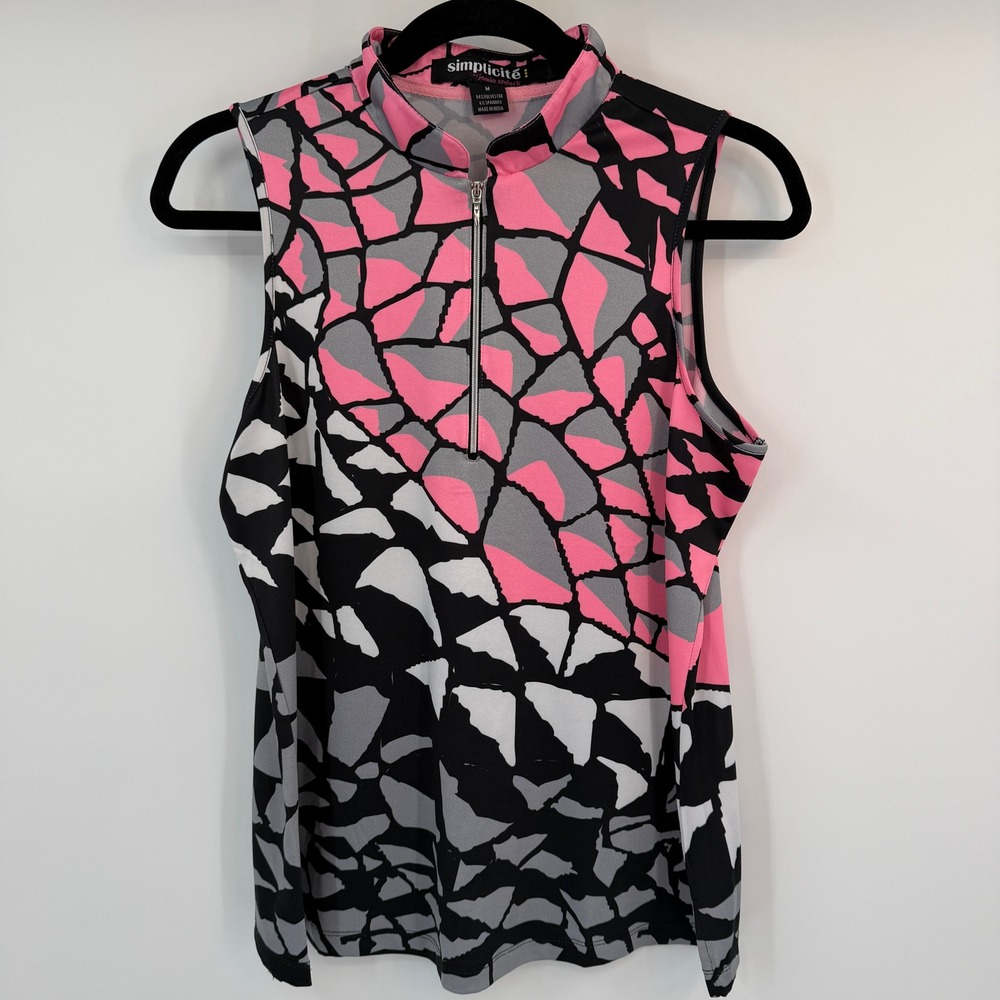 Simplicite Jamie Sadock Pink Black Geometric Mosaic Quarter Zip Sleeveless Top M